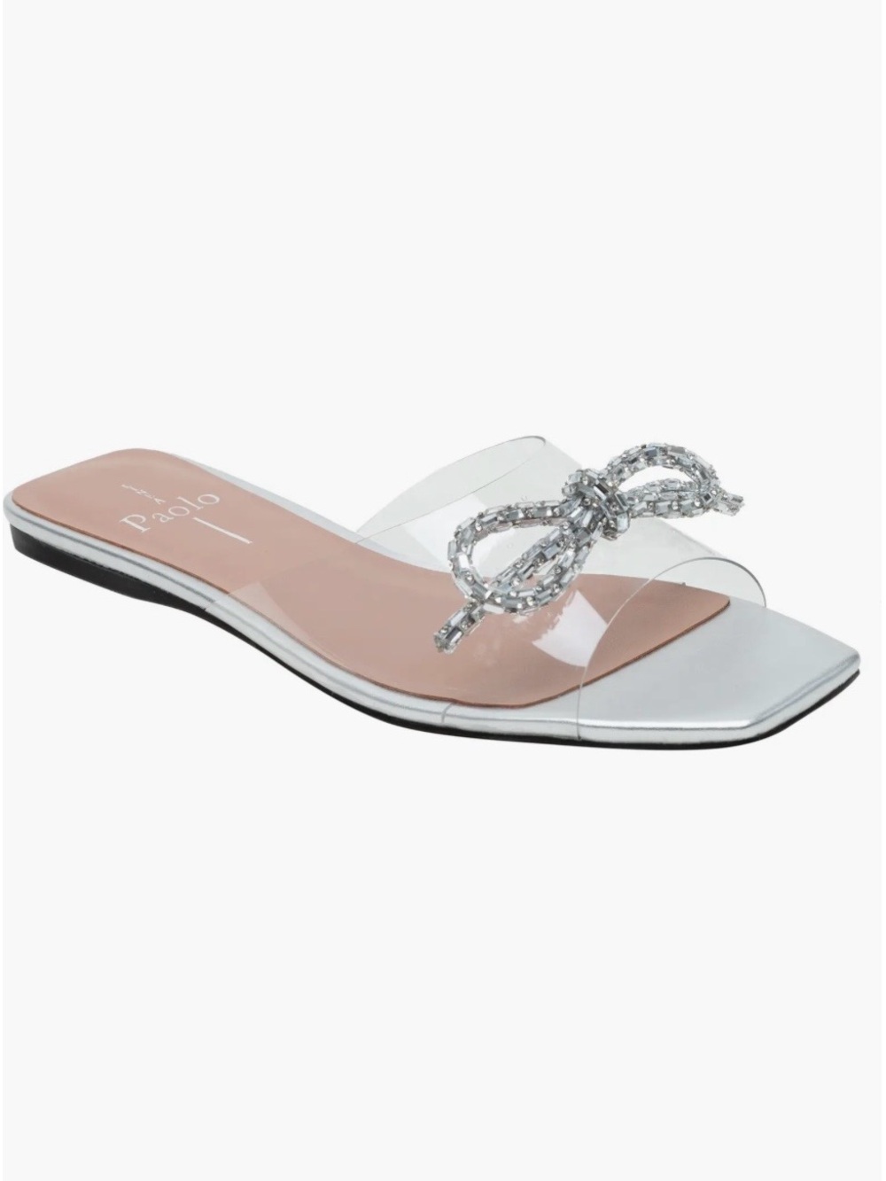 Linea Paolo “Leigh” Clear Slide Sandals Silver Crystal Bow & Nude Jelly Base - Picture 10 of 13
